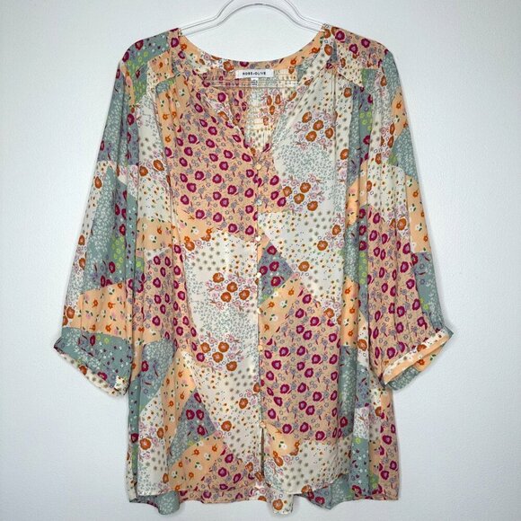 Rose & Olive Peasant Blouse Size 1X Floral Patchwork Print Cottagecore - Picture 1 of 8